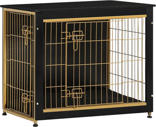 Vista 48 de DWANTON - Perrera con cojín, de madera, con puertas dobles, para interiores, S, M, L, 27.2 pulgadas de largo, negro