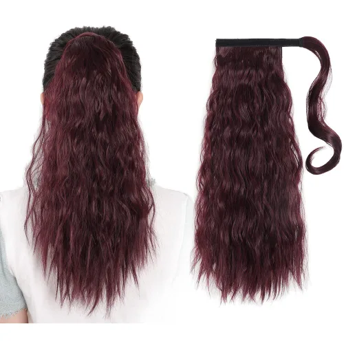 Vista 9 de Extensiones de cabello para cola de caballo, extensión de cola de caballo roja de 16 pulgadas, corta, ondulada, rizada, envolvente, cola de caballo