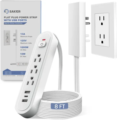 Vista 14 de Saker Cable de extensión doble de 5 pies plano con 6 tomas, 1625W Cable de extensión con cubierta de toma, enchufe plano, a prueba de bebés