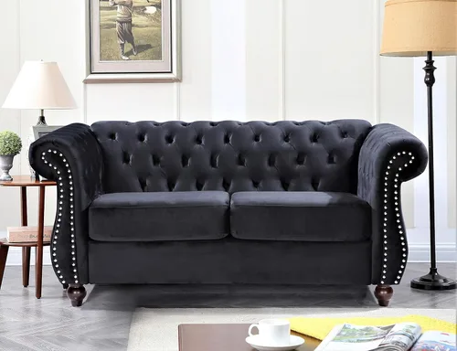Vista 35 de Container Furniture Direct Feinstein - Sofá Chesterfield de terciopelo moderno para sala de estar con cabezas de clavos, acolchado de diamante