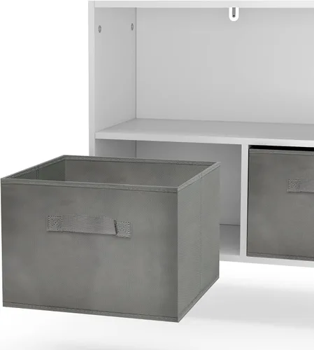 Vista 6 de Estantería para niños con 3 cajones de tela plegables y estantes abiertos, armario de almacenamiento moderno de madera, armario de almacenamiento