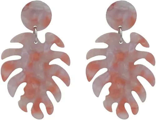 Vista 2 de Aretes de resina de acrílico con diseño de hoja de palma, plantas tropicales, hojas de Monstera, aretes colgantes para mujeres y niñas, Metal