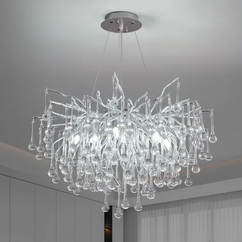 Vista 18 de Lámpara de araña moderna de cristal en forma de gota de lluvia, lámpara lineal negra rectangular de 40' de la serie Art Deco con forma de rama