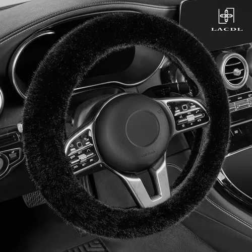 Vista 2 de LACDL Fundas mullidas de invierno para volante de automóvil, para mujer, cálida y bonita funda para volante de automóvil para sedán, SUV, súper Negro