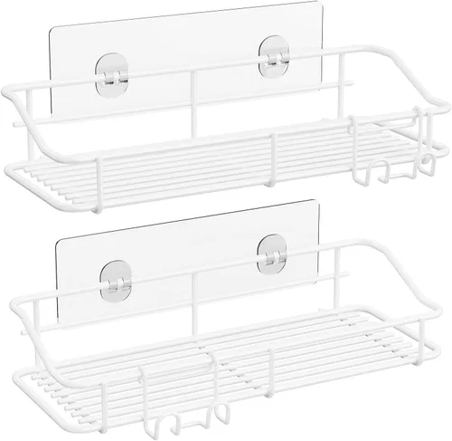 Vista 9 de Nieifi - Estante adhesivo para ducha con estantes de almacenamiento sin perforación de acero inoxidable con ganchos para baño, lavabo, aseo