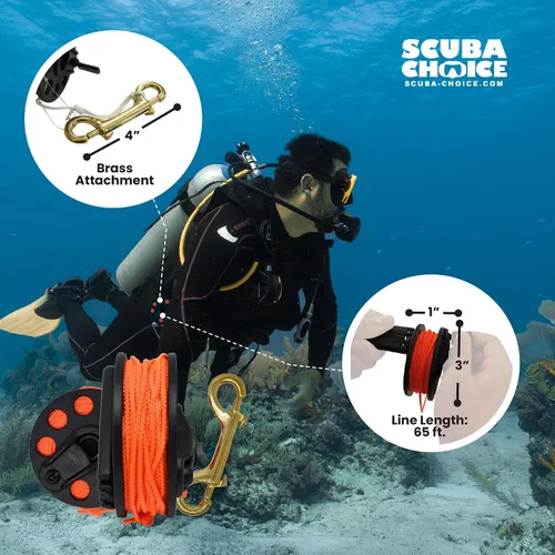 Vista 5 de Scuba Choice Scuba Buceo Bobina de dedo compacta con mango de plástico, 65', línea naranja