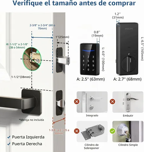Vista 6 de Philips Cerradura de puerta de entrada sin llave, genera código único de forma remota no conectada, cerradura de cerrojo independiente con teclado