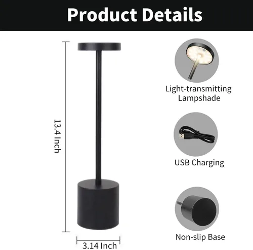 Vista 6 de Paquete de 2 lámparas a pilas, lámpara táctil de mesita de noche, lámpara de escritorio LED portátil con 3 brillos, lámpara de mesita de noche Negro