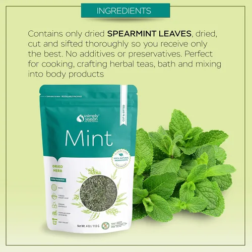 Vista 3 de USimplySeason Dry Mint, 4 onzas, menta verde cortada y tamizada, perfecta para tés y uso culinario, vegano, sin OMG, empaquetado en los Estados