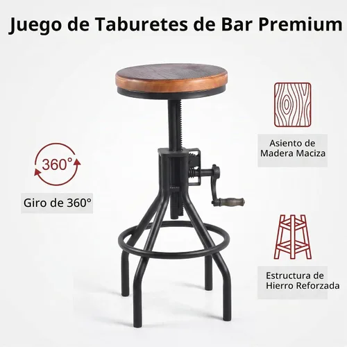 Vista 6 de Taburete industrial de madera para mostrador de granja, altura ajustable con asa, taburete de bar de cocina, color negro, juego de 2