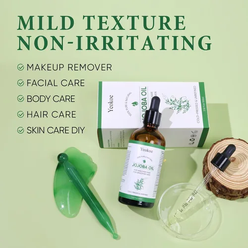 Vista 2 de Yeokoe Aceite de Jojoba Puro Prensado en Frío Sin Refinar Gua Sha para Cabello Más Saludable, Piel Más Suave, Aceite Hidratante Base Portador 3.52oz