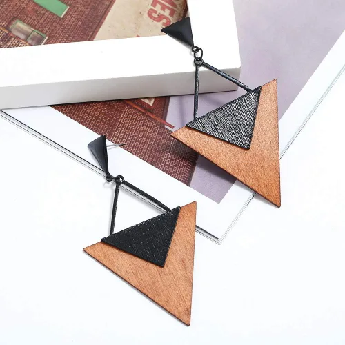 Vista 3 de 4 pares de pendientes geométricos de madera de madera con forma de lágrima de círculo redondo y pendientes de madera étnico natural de madera