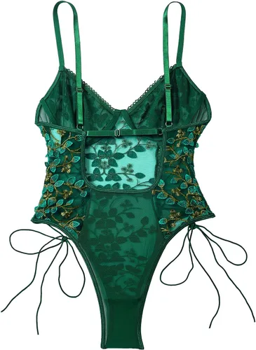 Vista 4 de Lilosy Teddy de Lencería Sexy para Mujer con Cordones y Bordado Floral, Body Top de Malla Transparente de Una Pieza Verde militar