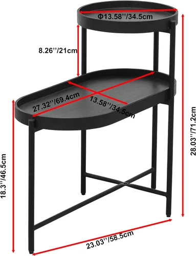 Vista 3 de Mesa auxiliar redonda de 2 niveles con extremo de café irregular, mesa pequeña con marco de metal para sala de estar, dormitorio (negro)