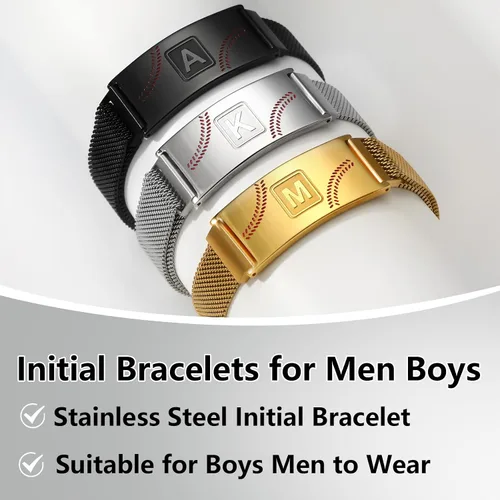 Vista 4 de Fervia Regalos de graduación de Pascua para hombres, pulsera con inicial de béisbol, color negro, plateado, dorado, acero inoxidable, pulseras