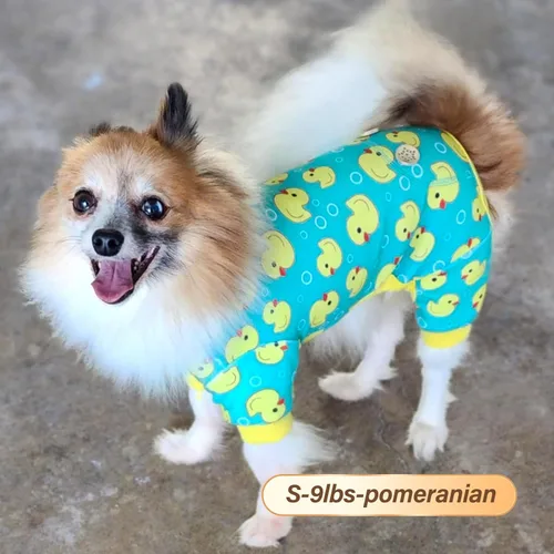 Vista 7 de KYEESE - Pijama de terciopelo para perros, con patrón de patos amarillos, ropa elástica y suave para cachorros y perros pequeños, mameluco cómodo