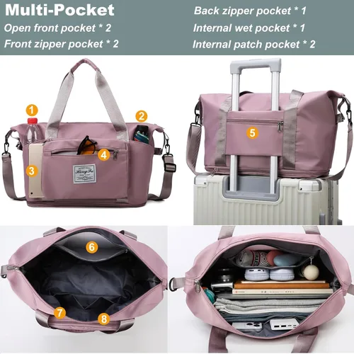 Vista 6 de Bolsa de viaje para mujer, bolsa de hombro grande expandible para fines de semana, bolsa de noche con funda para carrito y bolsillo húmedo, bolsa
