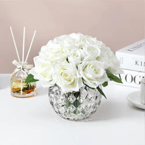 Vista 9 de 18 cabezas de rosas de imitación en jarrón, arreglo floral de rosas de Aritificail con jarrón para mesa de comedor, dormitorio, decoración de boda