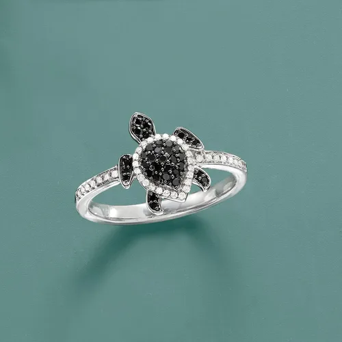 Vista 4 de Ross-Simons 0.25 ct. t.w. Black and White Diamond Turtle Ring in Sterling Silver