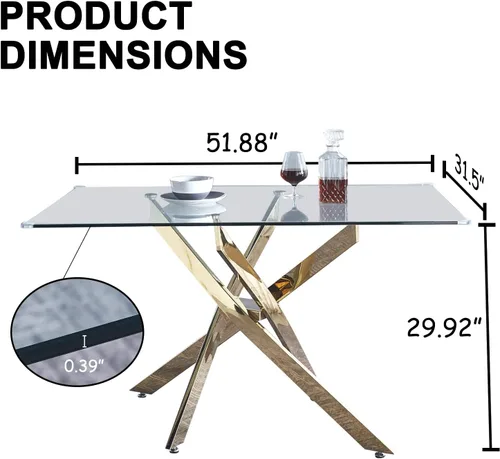 Vista 7 de Mesa de comedor moderna de vidrio de 51 pulgadas, mesa de cocina rectangular con mesa de vidrio templado de 0.39 pulgadas y patas de acero