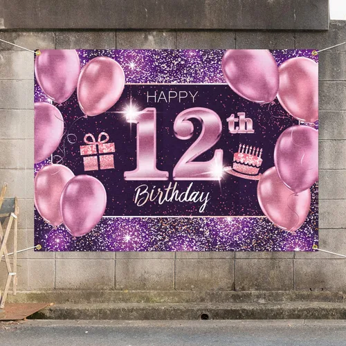 Vista 7 de pancarta grande rosa con texto en inglés “Happy Birthday