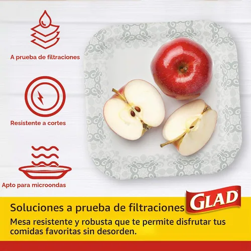 Vista 3 de Glad Platos desechables de papel cuadrados, patrón gris victoriano - Platos decorativos fuertes, robustos, impermeables y aptos para microondas