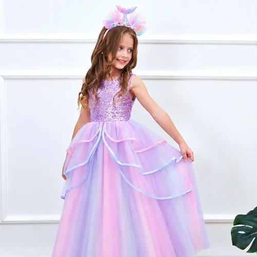 Vista 2 de Vestido de princesa unicornio, disfraz, joyas y diadema para niñas pequeñas Princesa sirena 9