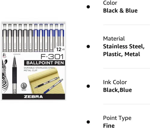 Vista 2 de Zebra Pen F-301 - Bolígrafo de acero inoxidable retráctil, punta fina 0.7mm, 6 negros y 6 azules - Paquete de 12