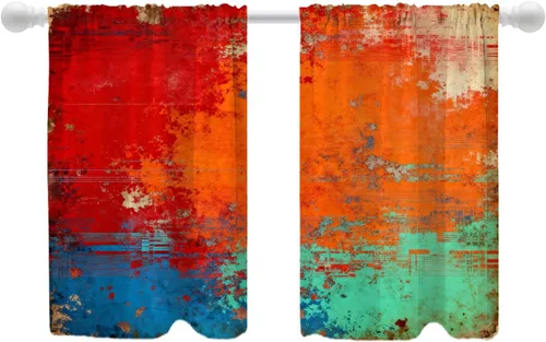 Vista 158 de Shrahala Beige and Orange Abstract Art Brushstrokes Blackout Curtain Tiers, Abstract Oil Paint Kitchen Valance Light Blocking Tier Drapes with Rod