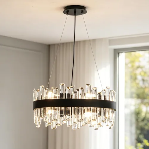 Vista 14 de Siljoy - Candelabro de cristal moderno, 12 luces, lujoso, redondo, de 2 niveles, con cristal K9 en forma de gota de lluvia, lámpara colgante de Oro