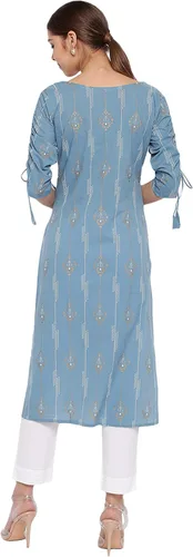 Vista 6 de Janasya Kurta de algodón estampado de mangas azules para mujer india