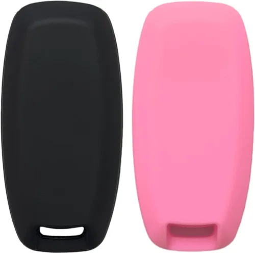 Vista 2 de REPROTECTING Funda de goma de silicona para llavero compatible con Nissan Pathfinder Rogue (5 botones, negro/rosa)