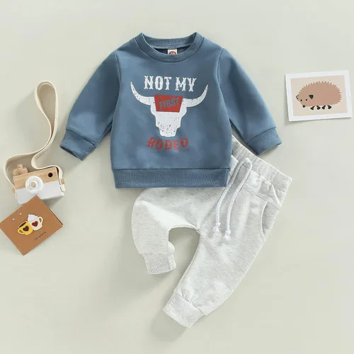 Vista 2 de Ropa para bebé niño, sudadera de manga larga con cuello redondo y estampado de vaca, pantalones largos para correr, otoño, invierno, traje