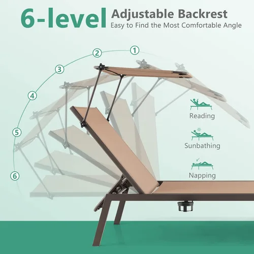 Vista 5 de COSTWAY Tumbona para exteriores con sombrilla reclinable ajustable de 6 niveles para patio trasero