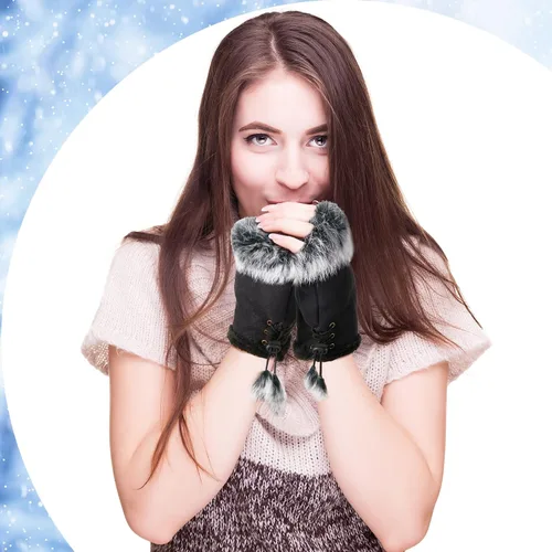 Vista 5 de 2 Pairs Women Fur Fingerless Gloves Winter Rabbit Fur Half finger Mittens for Women Girls Teen Working Writing