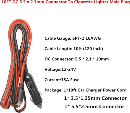 Vista 2 de Cable cargador de coche de CC – Conector de 0.217 in x 0.083 in a encendedor de cigarrillos macho enchufe con 2 conectores adicionales 12-24V 15A