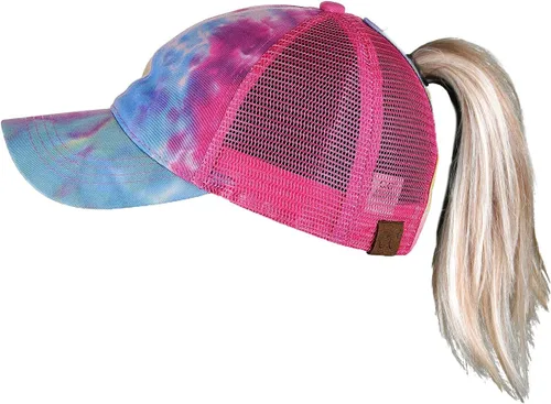 Vista 14 de Funky Junque - Gorro de béisbol para mujer, gorro de papá, gorro con cola de caballo, gorro con pelo despeinado, gorro pony. Negro - Malla Beige