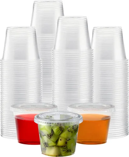 Vista 10 de TashiBox 200 juegos de vasos de gelatina de 1 onza con tapas, vasos de plástico para porciones de soufflé con tapas, transparentes
