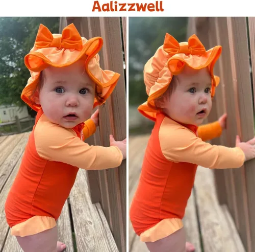 Vista 77 de Aalizzwell Traje de baño de una pieza de manga larga con sombrero para bebé niña