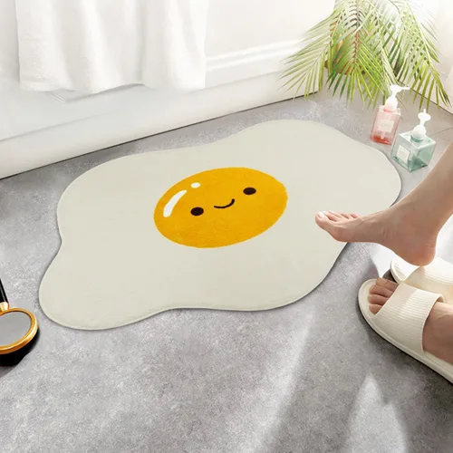 Vista 2 de Lindas y divertidas alfombras de baño con forma irregular de huevo amarillo para niños, antideslizante, absorbente, lavable, alfombra de baño