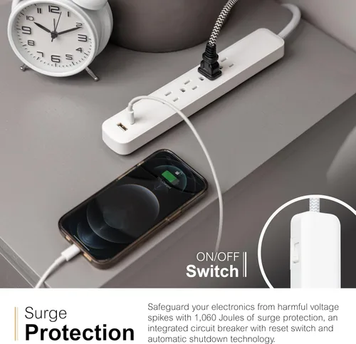 Vista 7 de GE SurGE - Tira de alimentación protectora con puertos USB, cable de extensión trenzado de 3 pies, 1060 julios, extensor de 4 tomas, 1 USB-A, 1