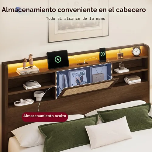 Vista 3 de BRELTAM Marco de cama de ratán tamaño Queen con 4 cajones de almacenamiento y cabecera de almacenamiento oculto, marco de cama de plataforma