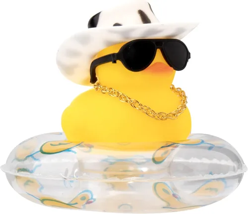 Vista 41 de wonuu Pato de goma para automóvil, decoración de pato amarillo con sombrero para el sol, anillo de natación, collar, gafas de sol para decoración
