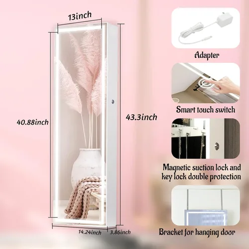 Vista 4 de Organizador de joyas, armario de joyería con espejo LED táctil, armario de joyería LED montado en la paredpuerta para mujer, espejo de longitud