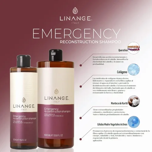 Vista 2 de LINANGE Champú de reconstrucción de emergencia para cabello muy dañado con colágeno, queratina y manteca de karité, champú nutritivo