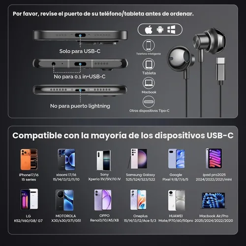 Vista 5 de Auriculares con cable USB C con micrófono y control de volumen