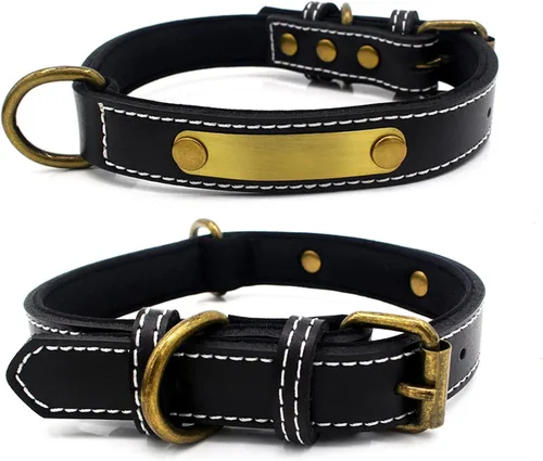Vista 2 de Juego de collar y correa de cuero personalizado para cachorros con placa de nombre acolchada suave grabada, personalizable, resistente, grueso