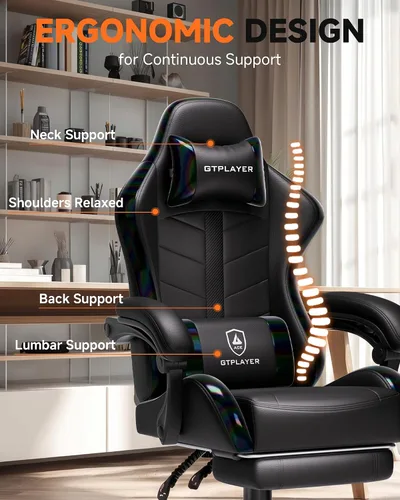 Vista 4 de GTPLAYER - Silla de juegos con reposapiés, silla de juegos de computadora para adultos, silla de jugadores de altura ajustable con reclinación