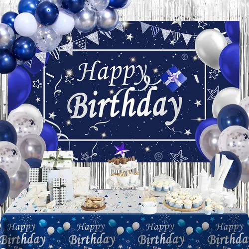Vista 2 de Decoraciones de cumpleaños azules para hombres, decoraciones de feliz cumpleaños para hombres, mujeres, niños, decoración de fiesta, telón de fondo