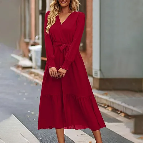 Vista 3 de Vestidos bohemios para mujer, vestido fiesta cóctel fluido gradas, puños ahumados, cuello en V, cintura con lazo